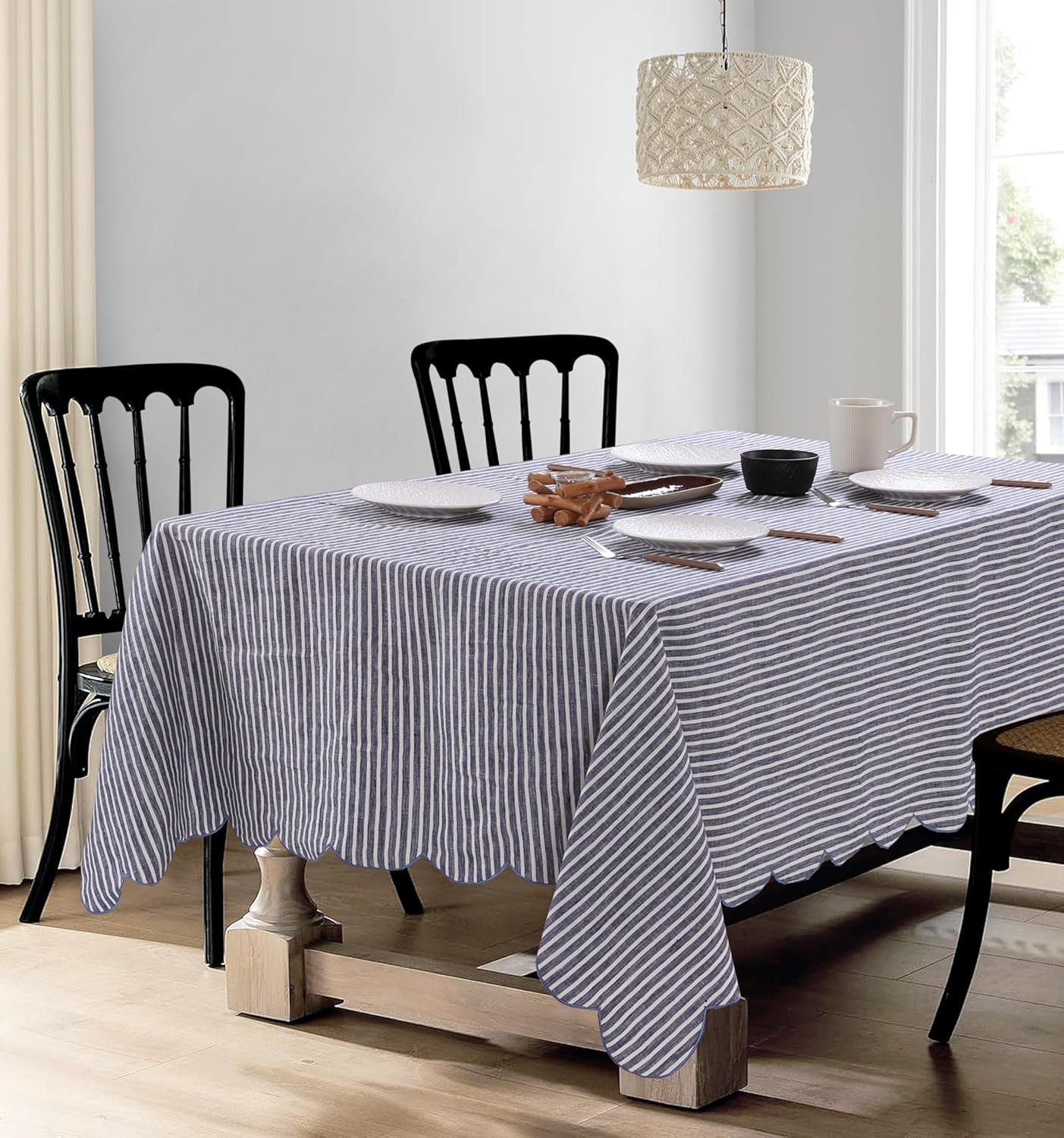 100% French Flax Linen Tablecloths Scalloped Embroidery Rectangle 108Lx60W Inch for Dinners, Parties, Spring, Machine Washable, 8-10 Sets, Blue Stripe(Edges-Blue)