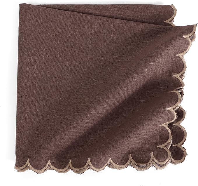 FINGERCRAFT Cloth Napkins, Everyday Use Scallop Design, Premium Quality Natural Cotton Napkin Set of 6 Perfect for Parties Dinners Weddings Easter Napkin Cloth 20x20 inch Chocolate/Brown