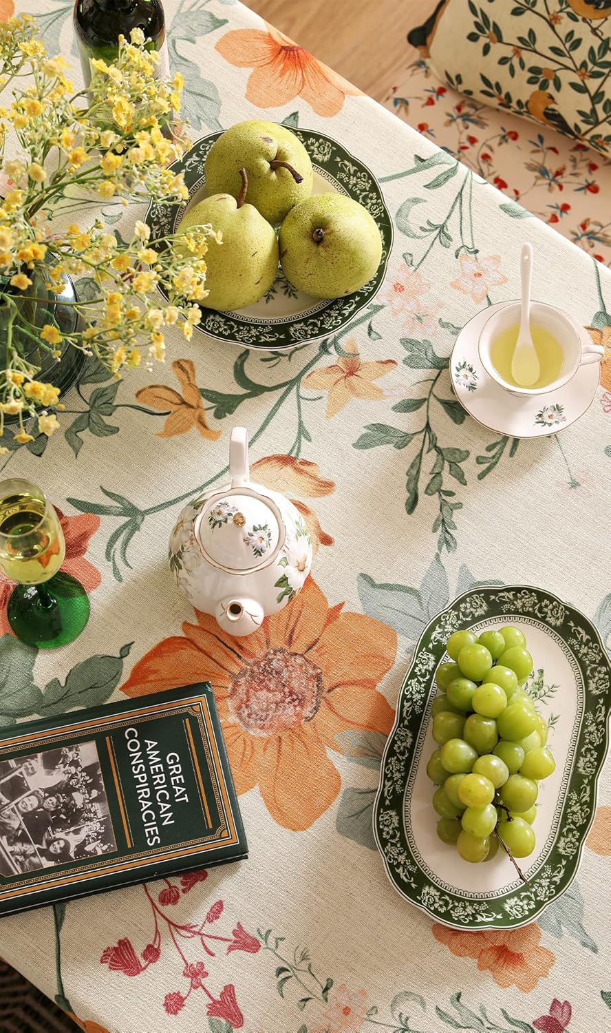 French Extra Long Tablecloth for Rectangle Table,Linen Orange Floral Wrinkle Resistant Tablecloths,Decor Table Cover for Kitchen,Dining,Party,Thanksgiving,Christmas,67"*118"-Milch