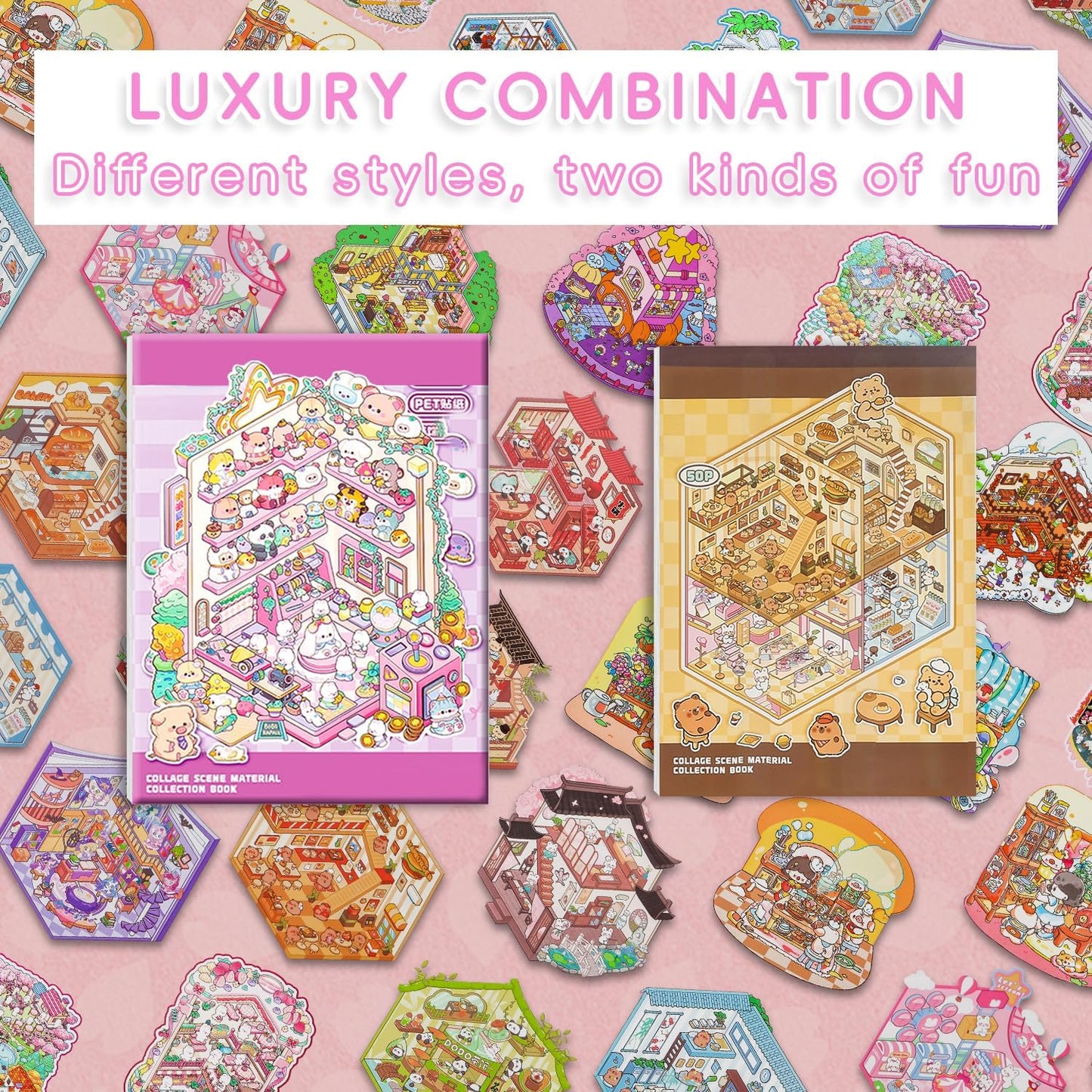 DIY Sticker Scenes for Adults Kids, Sticker therapyCollection Book Stress Relief Pass The Time,Make Your Own House Miniature Cute Cartoon Animal Isometric Scene