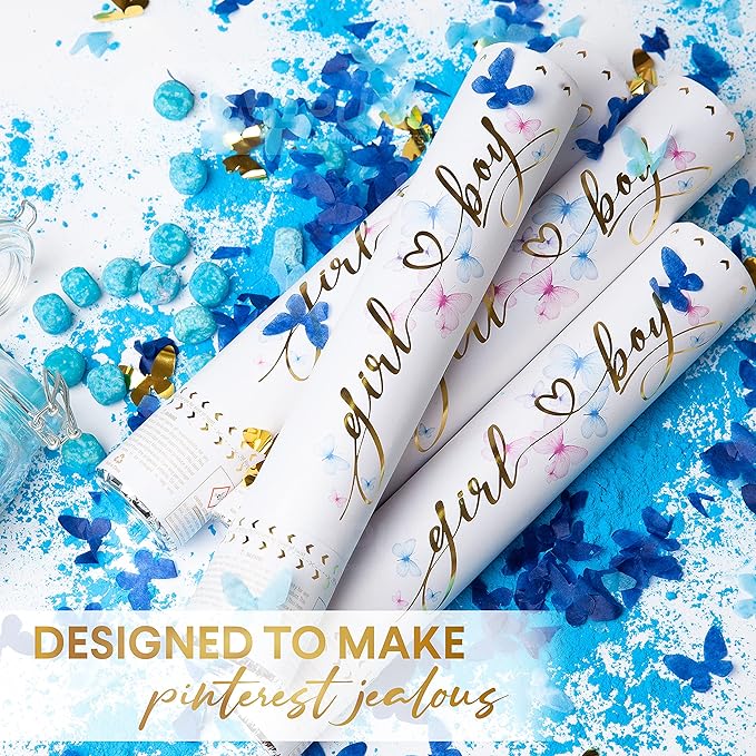 PrimePure Gender Reveal Confetti Cannon - Butterfly Confetti Popper & Biodegradable Powder Cannon - Blue, 4 Pack - Baby Boy Gender Reveal Smoke Bombs Baby Powder Blue Paper Party Poppers