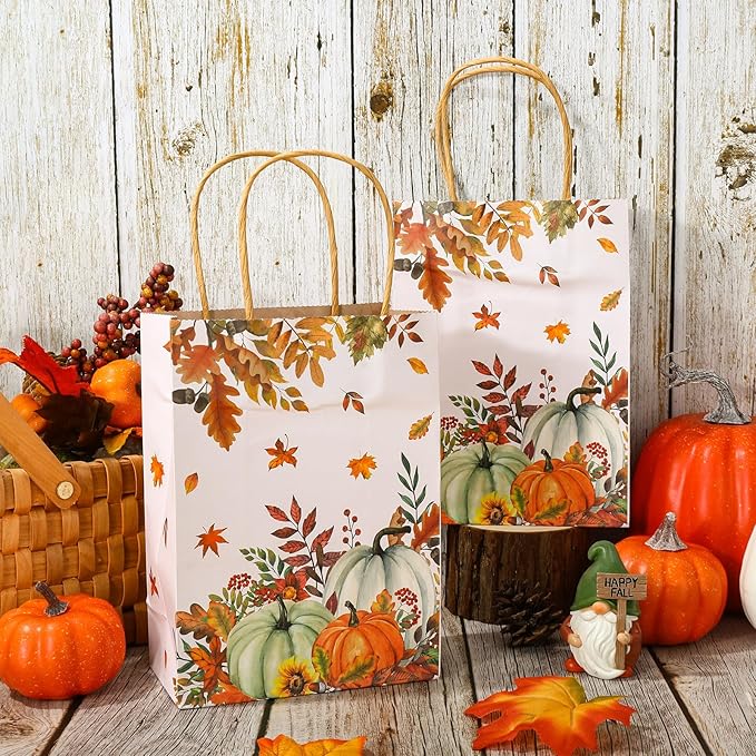 JarThenaAMCS 24Pcs Fall Kraft Paper Gift Bags Pumpkin Maple Leaves Treat Bags with Handles Grocery Shopping Bags Candy Goodie Bags for Autumn Thanksgiving Baby Shower Birthday Party Favors Supplies