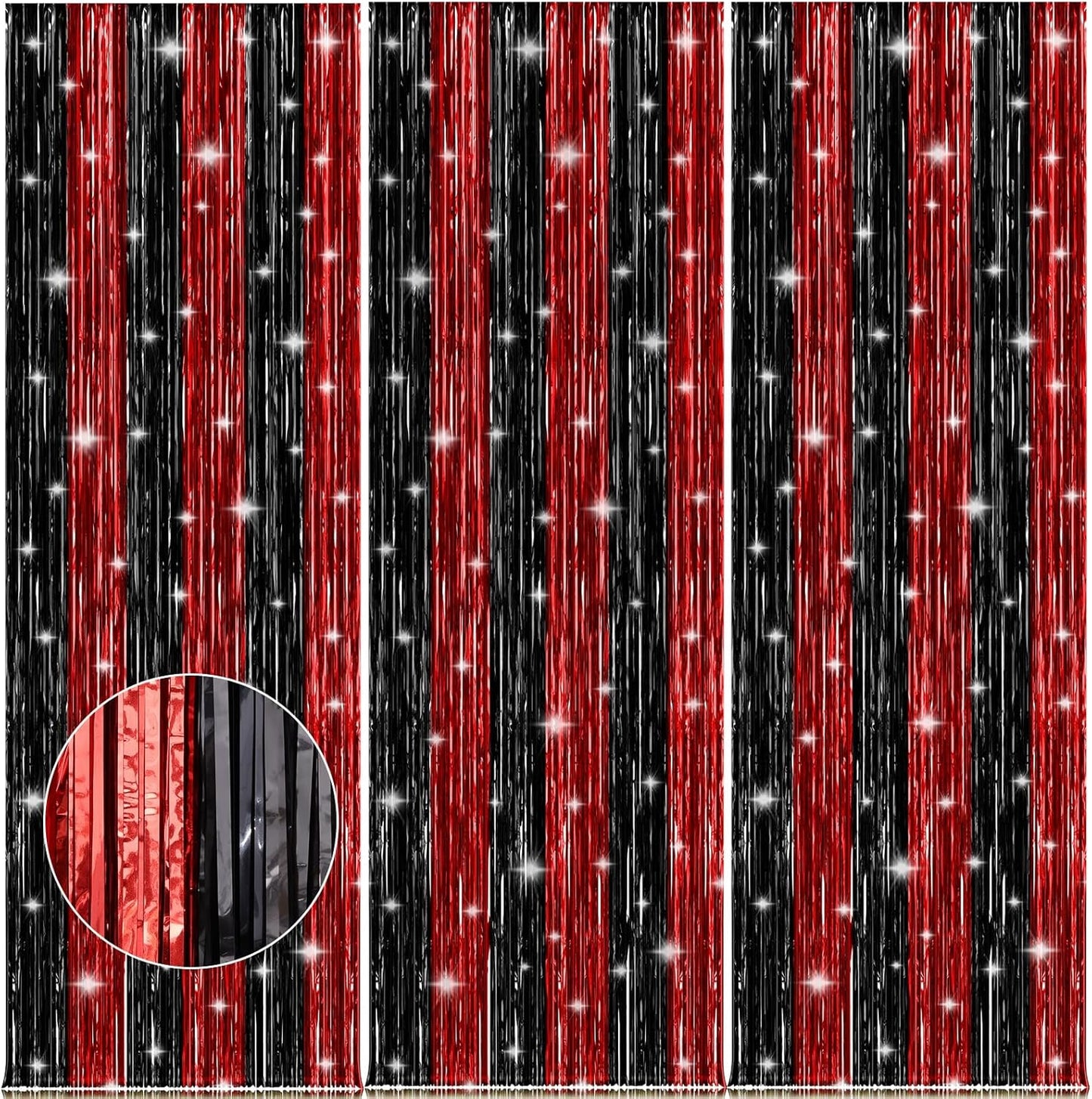 Accevo 3Pack Red Black Party Streamers 3.2x8.2 Feet Metallic Foil Fringe Curtains Tinsel Streamers Party Decor Photo Booth for Christmas Halloween Wedding Birthday Xmas Anniversary Party Decorations