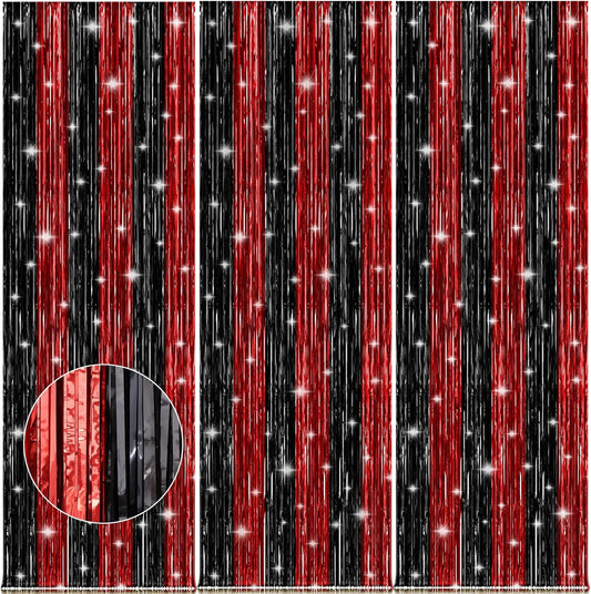 Accevo 3Pack Red Black Party Streamers 3.2x8.2 Feet Metallic Foil Fringe Curtains Tinsel Streamers Party Decor Photo Booth for Christmas Halloween Wedding Birthday Xmas Anniversary Party Decorations