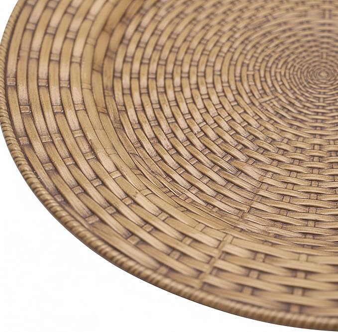 Rattan Chargers for Dinner Plates, 13" Antique Gold Charger Plates, Set of 6 Round Plastic Woven Texture Matte Finish for Wedding & Party (262)
