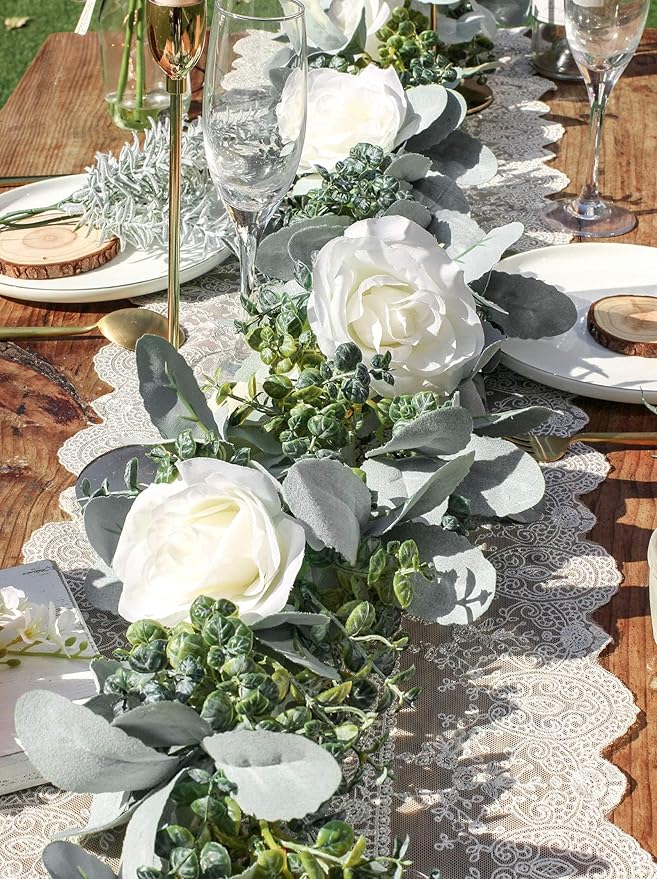 Miracliy 6 Ft Eucalyptus Garland with Flowers, Lambs Ear Greenery White Roses Flower Garland Fake Vines for Wedding Boho Table Mantle Backdrop Party Farmhouse Home Decor