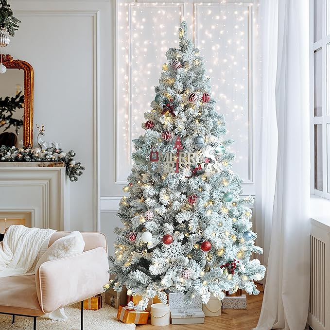 MUPATER 6ft Snow Flocked Christmas Tree Pre-lit, Christmas Flocked Tree with Warm Lights, Artificial Holiday Christmas Tree with Stand for Home, Party