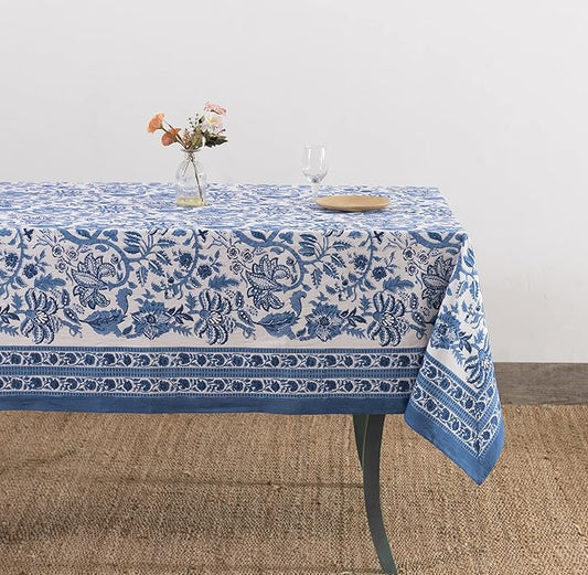 Labhanshi Indian Handblock Print Table Cloth|Ethnic Rectangle 72x108 Inch Floral Cotton 8-Seater Spring Easter Table Cover for Kitchen Dining Table Buffet Outdoor Tea Parties and Camping|Blue