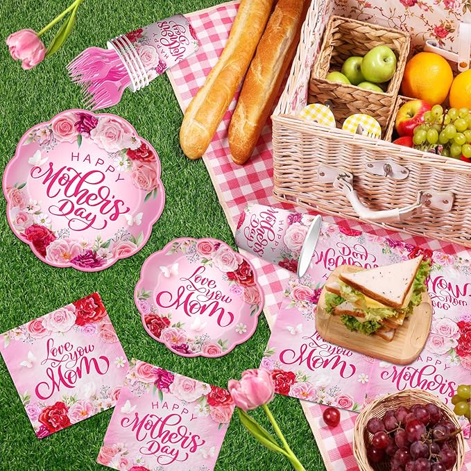Happy Mother’s Day Party Supplies-144Psc Floral Day Plates and Napkins Cups for 24 Guests,Watercolor Flowers Design for Mothers Day Dinner Party Decorations,Family Brunch Tableware