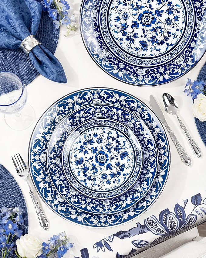 Hioasis 12Pcs Blue Charger Plates & Platters - 13 Inch plastic charger plates, Heavy-duty, BPA-free, Floral Table Chargers for Dinner Wedding & Party