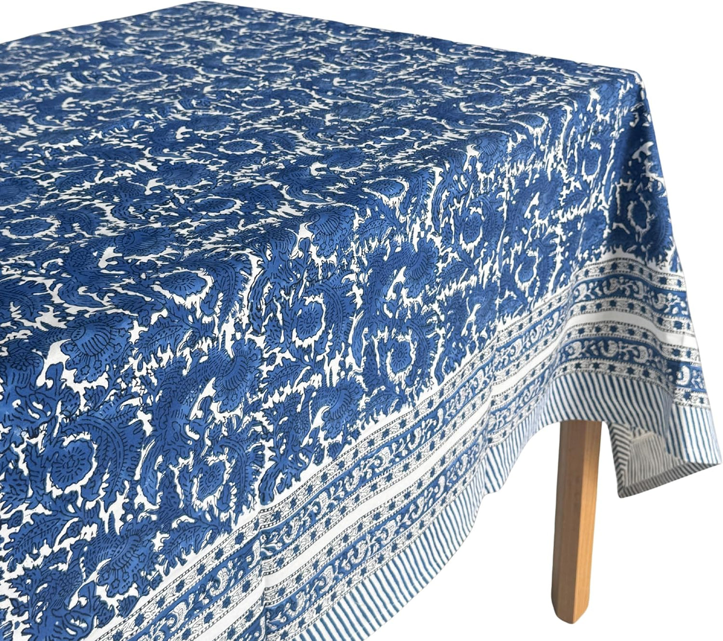 ATOSII Paradise Blue 100% Cotton Rectangle Summer Tablecloth, Handblock Floral Print Linen Table Cloth for Kitchen Dining I Parties, Weddings, Outdoors, 60 X 108 Inches I 8 Seater