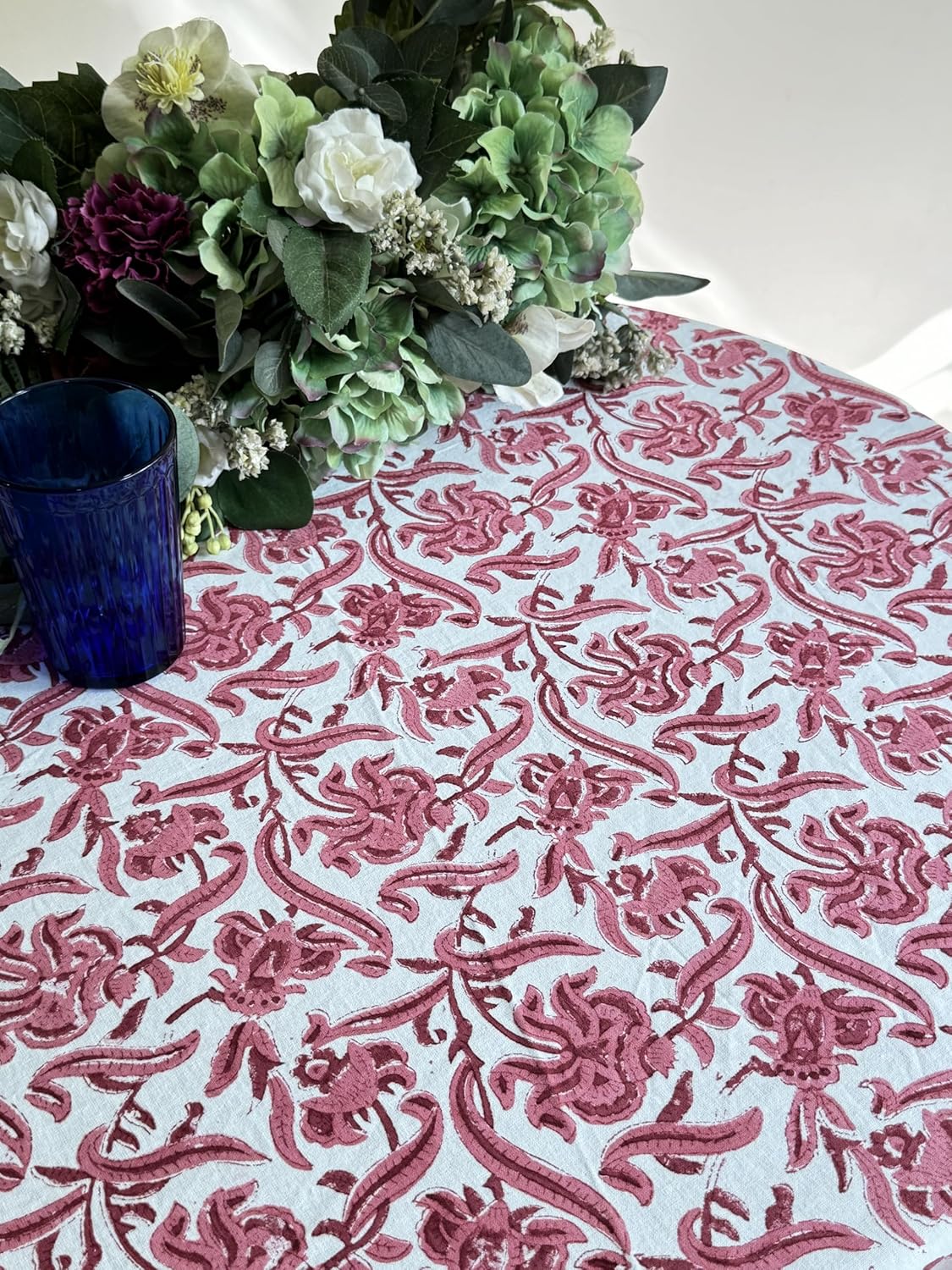 ATOSII Red Bloom 100% Cotton Round Boho Fall Tablecloth, Handblock Floral Table Cloth Linen for Kitchen Dining I Parties Wedding Outdoors Thanksgiving Easter Picnic I Fall Home Decor 90" Inches Round