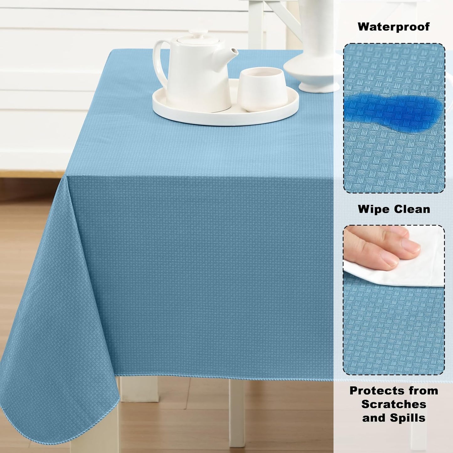 Newbridge Basketweave Vinyl Flannel Backed Tablecloth, 52 x 70 Inch Rectangle, Blue, Basket Weave Textured Indoor Outdoor Waterproof Table Cover for Patio, Kitchen, Dining
