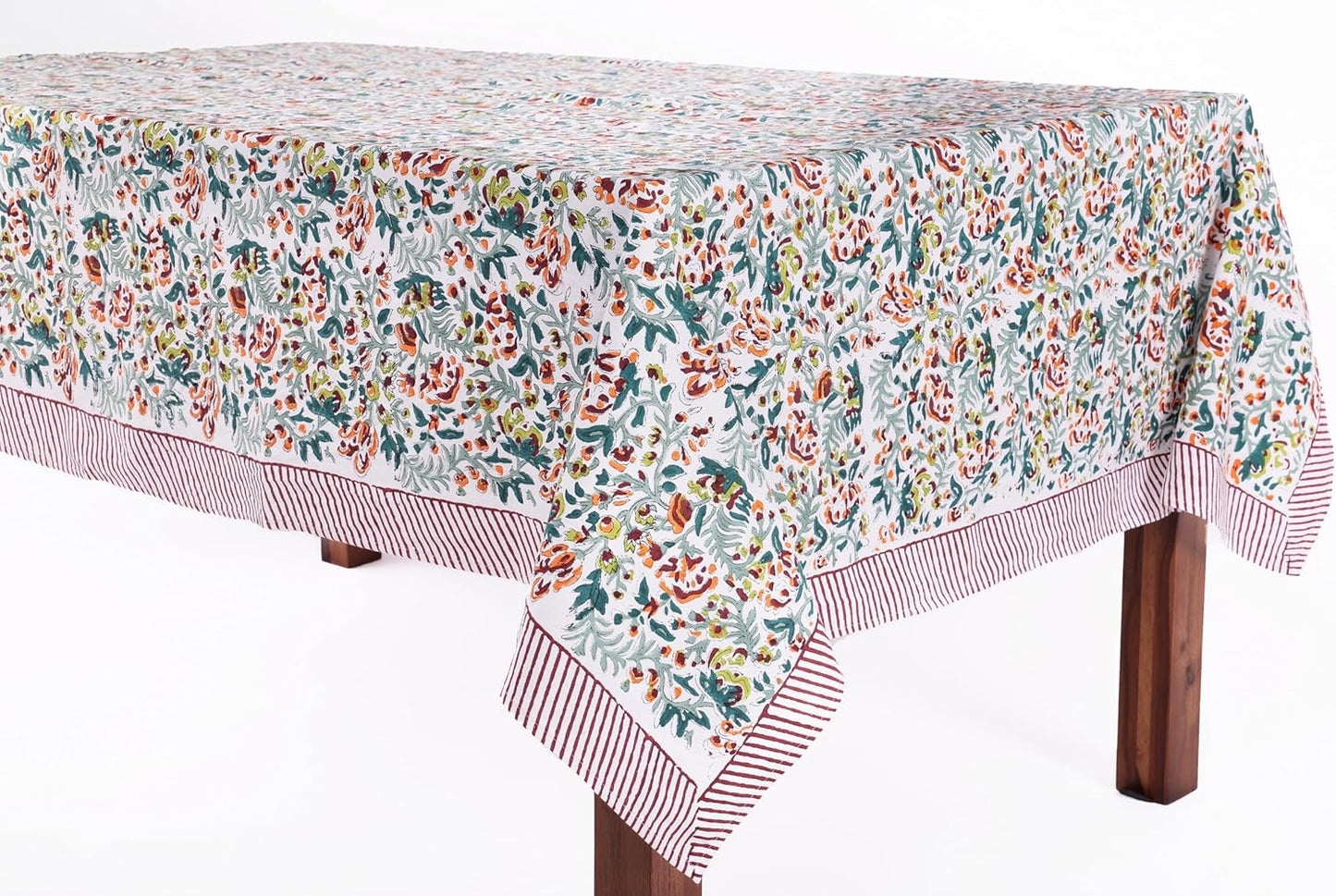 ATOSII Ambrosia Green 100% Cotton Rectangle Fall Tablecloth, Handblock Floral Print Linen Table Cloth for Kitchen Dining I Parties, Outdoors, Christmas, Thanksgiving I 72 X 120 Inches I 10 Seater
