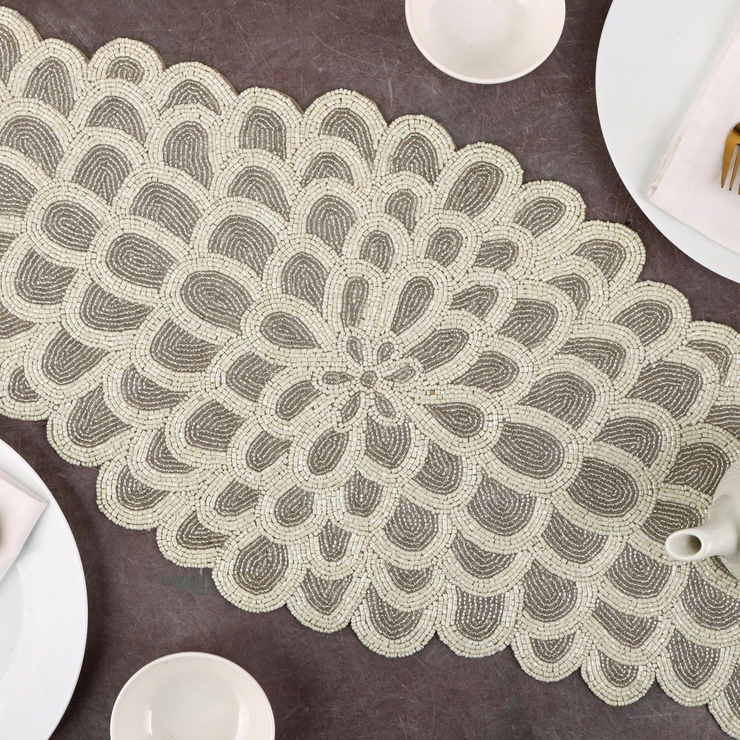 Beaded Table Runners 36 Inches, Hand Beaded Decorative Farmhouse Glitz Table Runner for Christmas Wedding Baby Shower Bridal Shower, Seasonal Winter Holiday Kitchen Dining Table Silver - CLEENTABLE