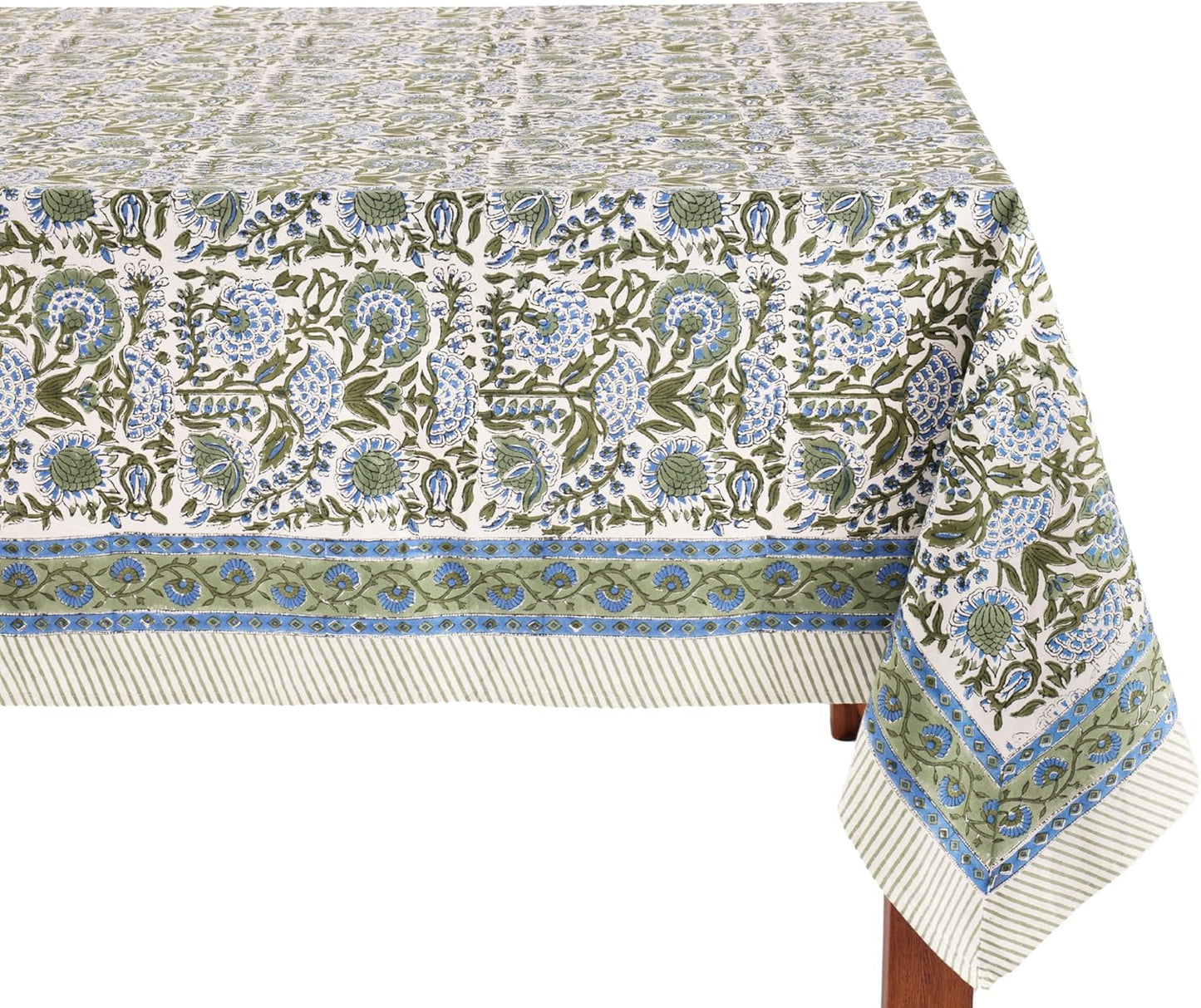 ATOSII Clover Blue 100% Cotton Rectangle Spring Tablecloth, Handblock Floral Linen Table Cloth for Kitchen Dining Table I Parties Weddings Outdoors Easter Home Decor 72 X 120 Inches I 10 Seater