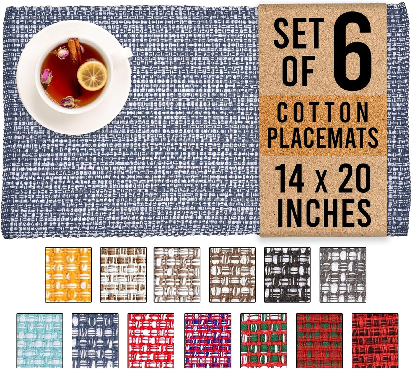 Urban Villa Placemats for Dining Table 100% CottonPlacemats 14''x20'' Over Sized Tablemats Set of 6Placemats Blue/White Two Tone Tablemats for Family Dinners Wedding Parties Everyday Use Placemats