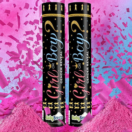 Gender Reveal Confetti Powder Cannon - Biodegradable Blue & Pink Poppers for Baby Shower Party Decorations - He or She What Will it Bee - 2 Pink Sticks