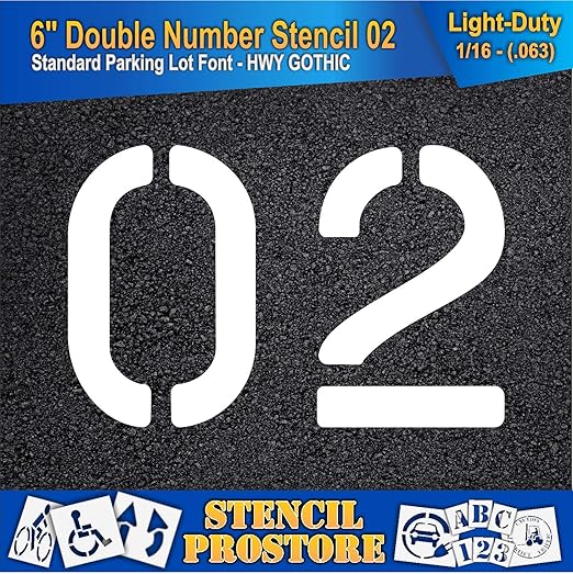 Pavement, Curb, and WheelStop Stencils - 6 inch Double Number Stencil - (02) - 6" x 9" x 1/16" (63 mil) - Light-Duty