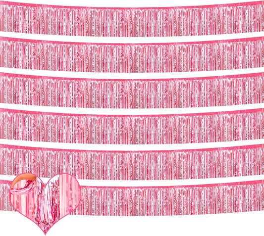 6 Pack 10 Feet Foil Fringe Garland Metallic Tinsel Banner Wall Hanging Curtain Streamers Backdrop for Parade Floats Bachelorette Wedding Birthday Party Thanksgiving Christmas Decorations(Pink)