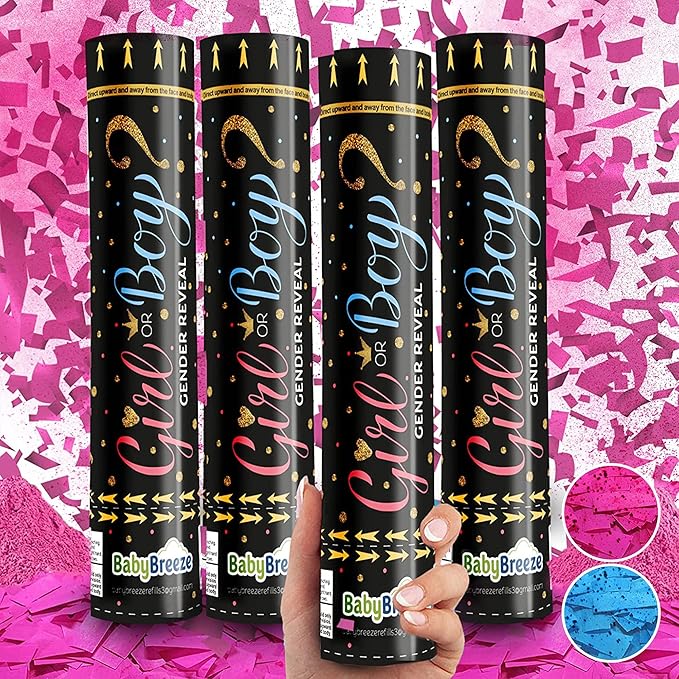 Gender Reveal Confetti Powder Cannon Biodegradable Baby Boy Blue Baby Girl Pink Gender Reveal Poppers - He or She What Will it Bee Baby Shower Baby Party Decorations Supplies Confetti Sticks (4 Pink)