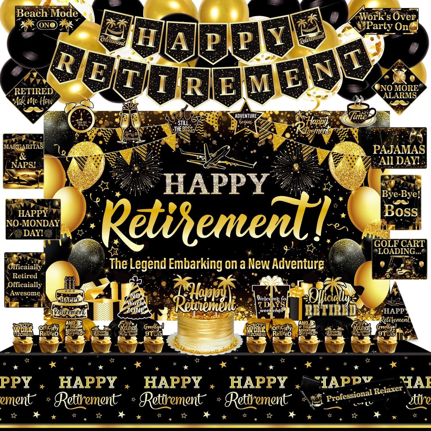 Mpanwen Retirement Party Decorations, 78 Pcs Gold Black Happy Retirement Men Party Decor Supplies for Women Men with Backdrop, Banner, Tablecloth, Centerpieces, Hanging Swirls, Sash, Hat, Wall Signs