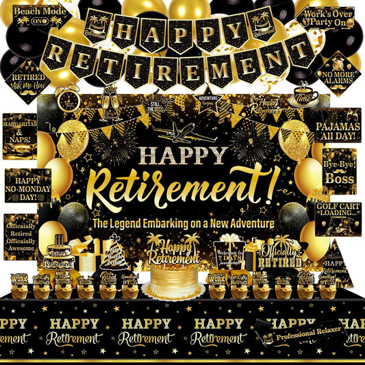 Mpanwen Retirement Party Decorations, 78 Pcs Gold Black Happy Retirement Men Party Decor Supplies for Women Men with Backdrop, Banner, Tablecloth, Centerpieces, Hanging Swirls, Sash, Hat, Wall Signs