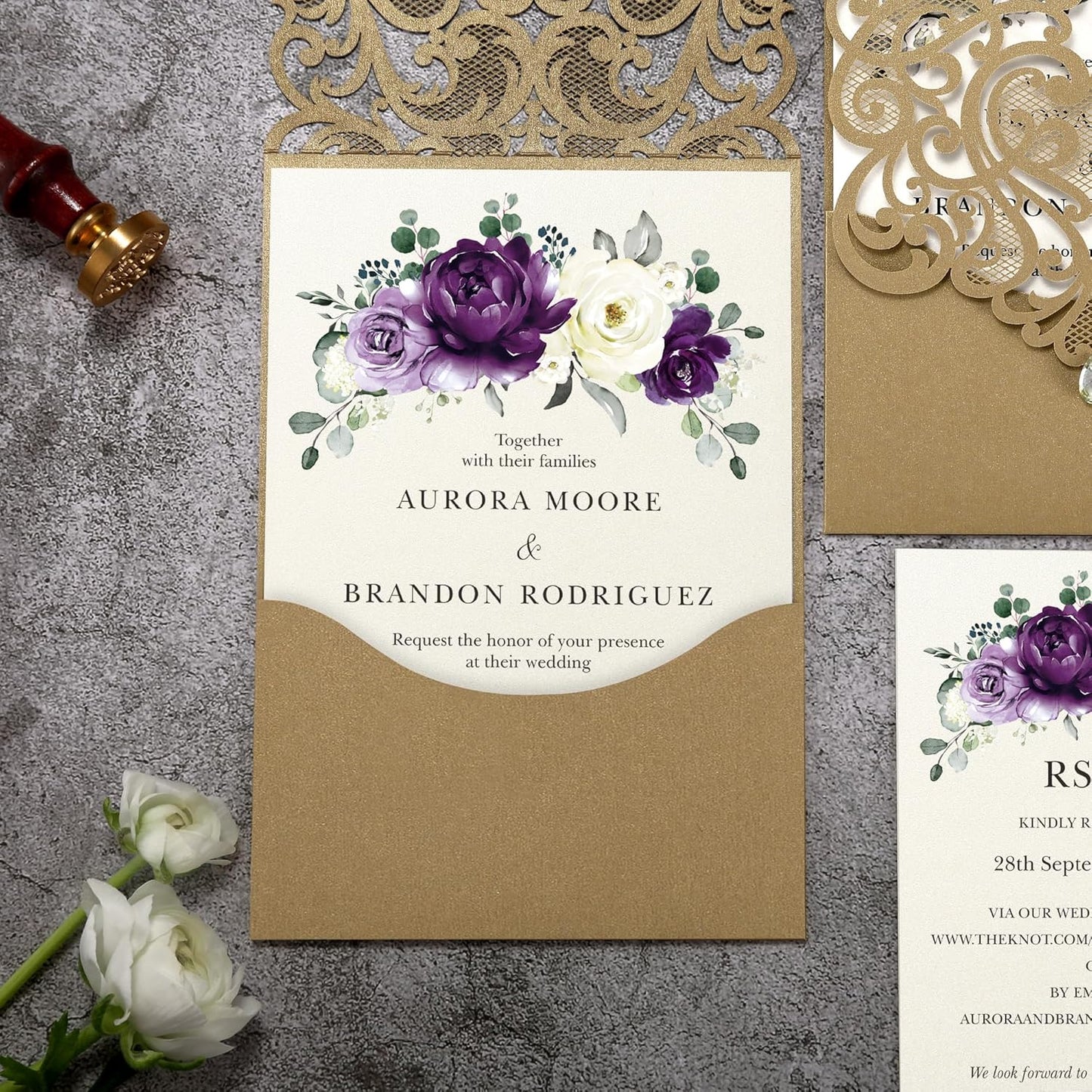 50pcs Laser Cut Wedding Invitations with Envelopes and RSVP Cards Purple and Gold, 5x7.3 Personalized Invitation Cards for Wedding, Anniversary Invitations with Rhinestone