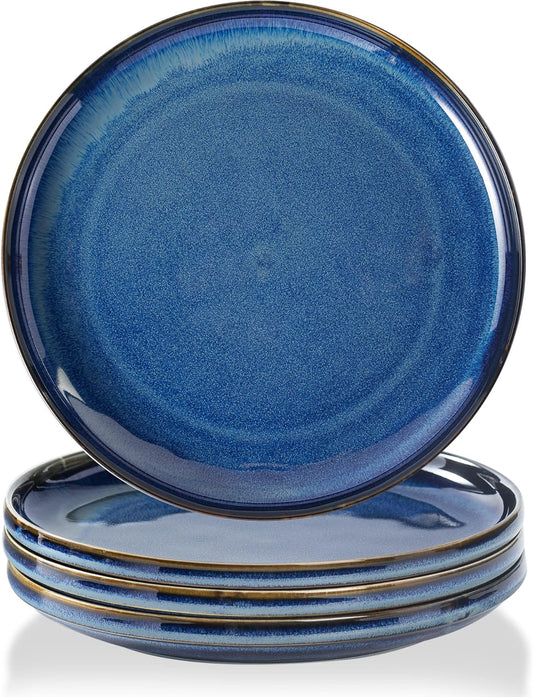 Ceramic Flat Plates Set of 4-8 in - The Dessert, Salad, Appetizer, Small Lunch, etc Plate. Microwave, Oven, and Dishwasher Safe, Scratch Resistant. Kitchen Porcelain Dish-Royal Blue