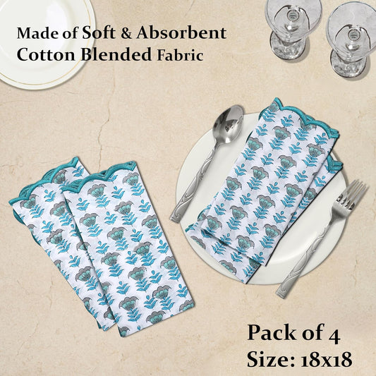Ridhi Aquamarine Blue Hand Block Print Napkins 18" x 18" Set of 4 Reusable Cotton Dinner Napkins for Weddings, Parties & Everyday Dining, Thanksgiving, Christmas, Fall