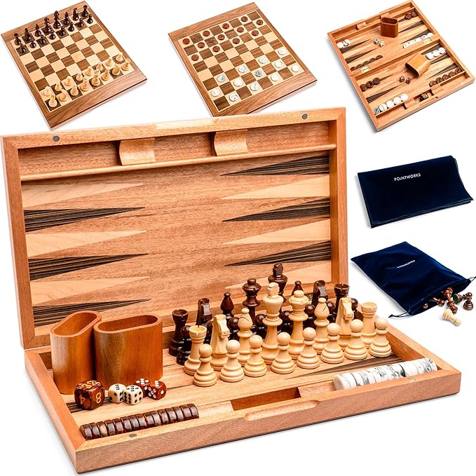 Pointworks 17 Inch Chess Checkers Backgammon Set for adults, Wooden chess set combo, portable folding two sided board multi game design, maple walnut inlay with large weighted pieces, acrylic checkers