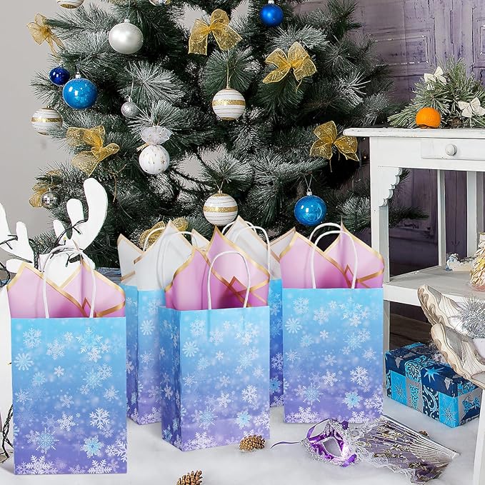 ReliThick 30 Pcs Snowflake Paper Bags Iced Candy Treat Goodie Gift Bags with Handle Blue and Purple Party Favors for Princess Holiday Birthday Wonderland Party Supplies (5.91 x 8.27 x 3.15 inches)