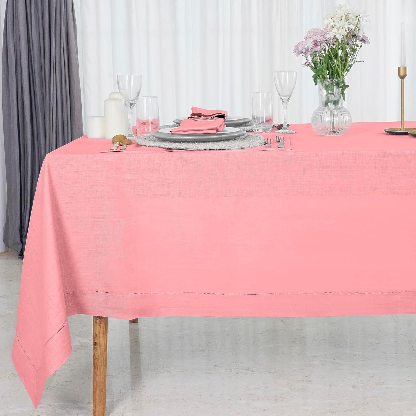 D'Moksha Homes Dusty Pink Linen Tablecloth 60 x 120 Inch - 100% Pure Linen Hemstitch Tablecloth for Rectangle Tables - Classic Hemstitch, Machine Washable Table Cloth for Fall, Autumn and Halloween