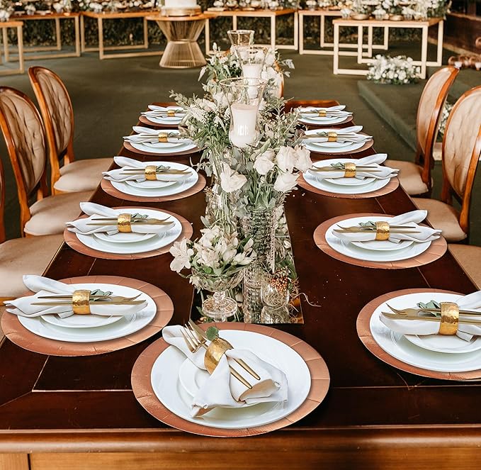 Gift Boutique 24 Pcs Rose Gold Round Disposable Charger Plates 13" Heavy Duty Dinner Serving Tray Paper Cardboard Platter for Table Setting Place Mats