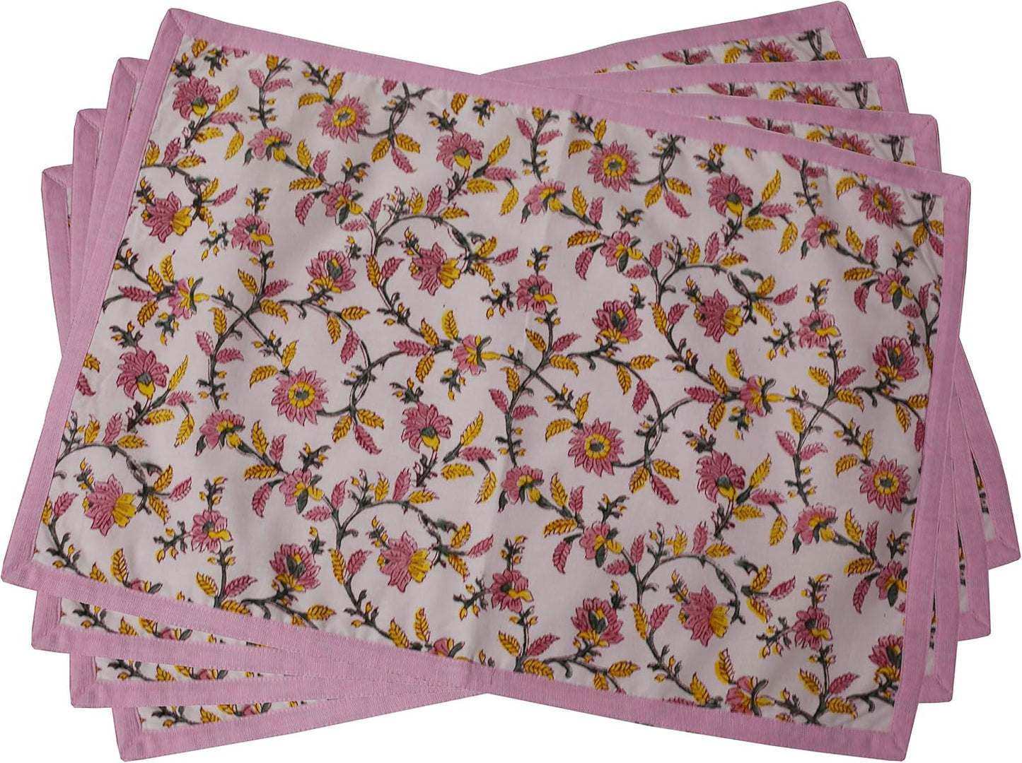 Touchstone Indtresor Indian Heritage Fabric Cotton Table Linen Reversible Set Runner Napkins Mats in Pink