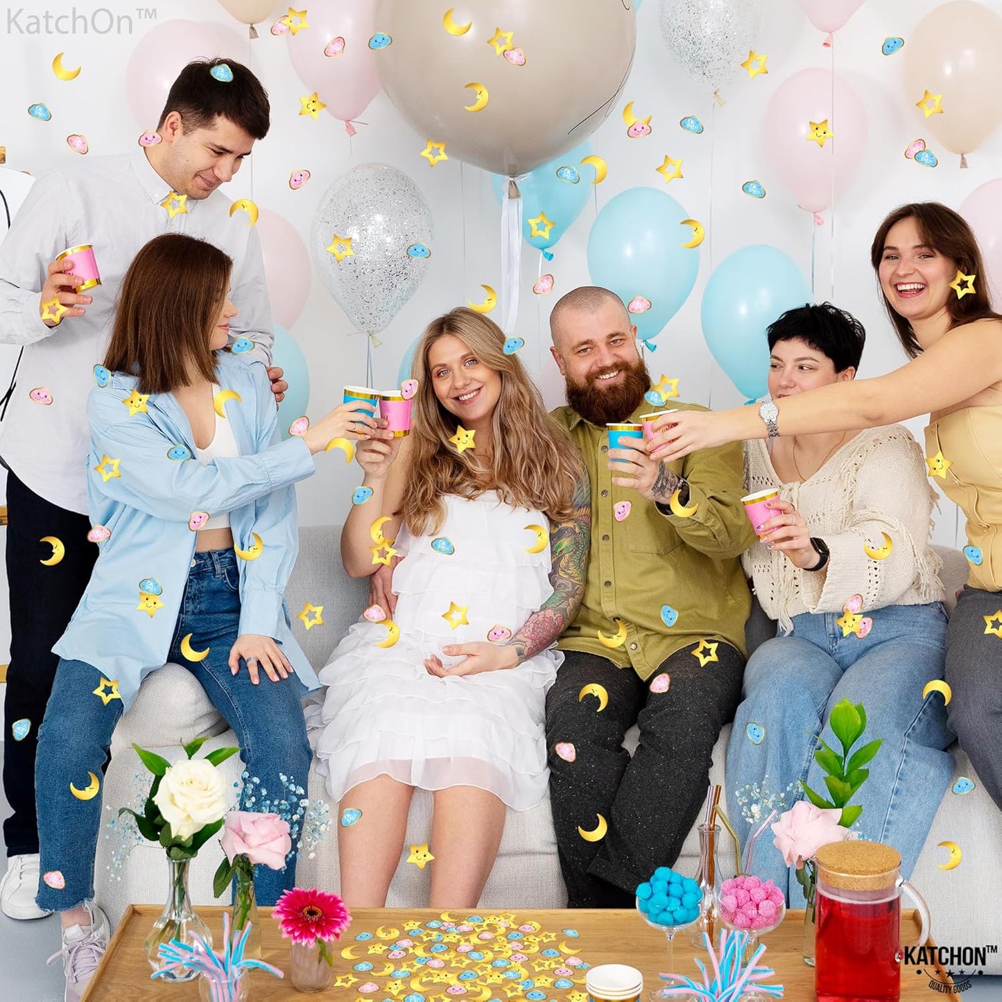 KatchOn, Baby Shower Confetti for Tables - Pack of 240 | Star and Moon Confetti For Gender Reveal Table Decorations | Pink, Blue and Gold confetti For Gender Reveal Party Decorations
