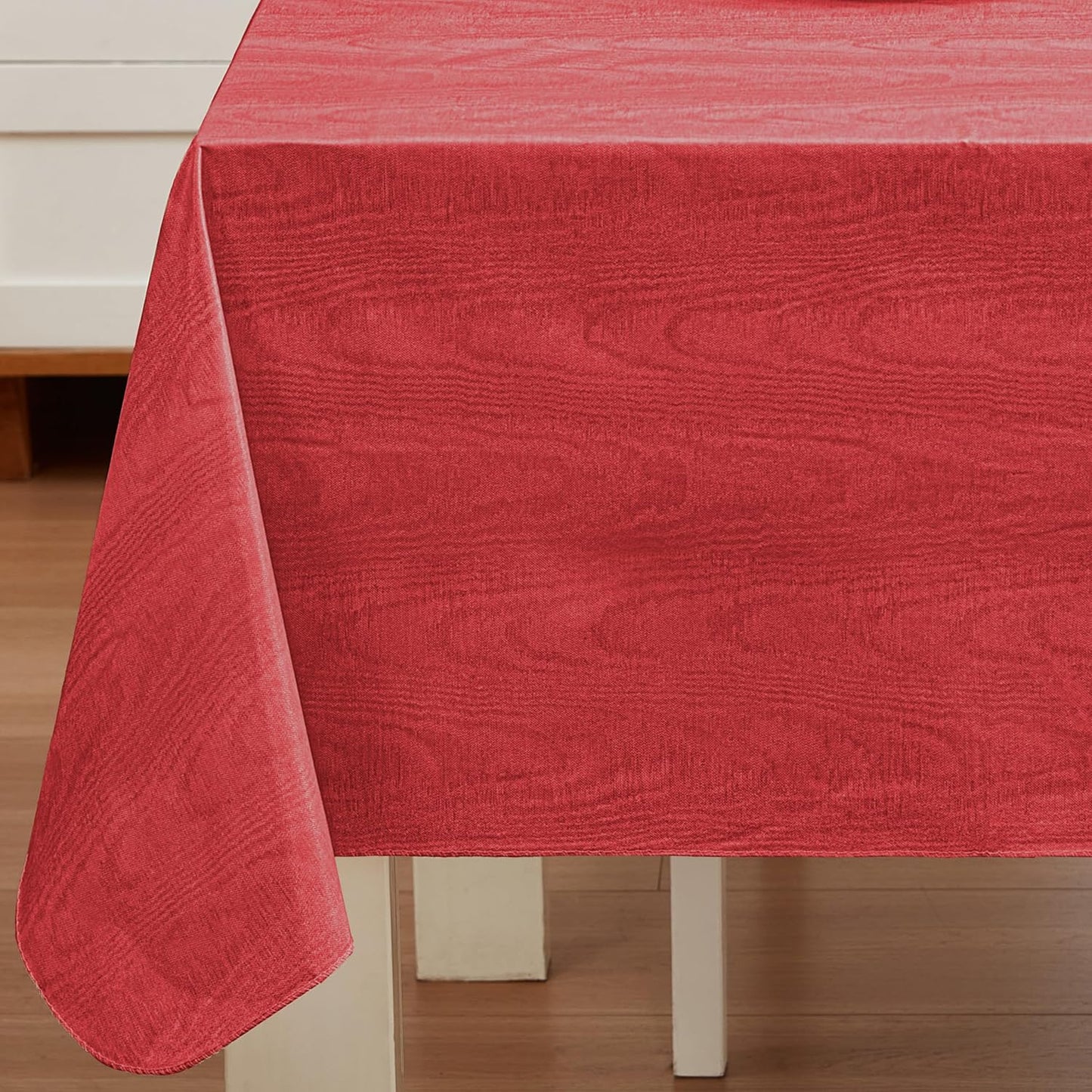 Newbridge Vinyl Flannel Backed Tablecloth, 60 x 120 Inch Rectangle, Red Moire Wavy Solid Design, Heavyweight Indoor Outdoor Waterproof Table Cover, Easy Care Wipe Clean