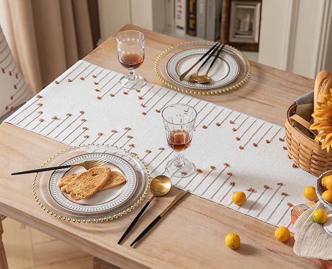 Boho Table Runner 13 x 60 Inch Long Natural Cotton Woven Runner with Tassels for Home Dining Table décor, for Modern Farmhouse Decor Coffee Table Runner, Brown and Beige