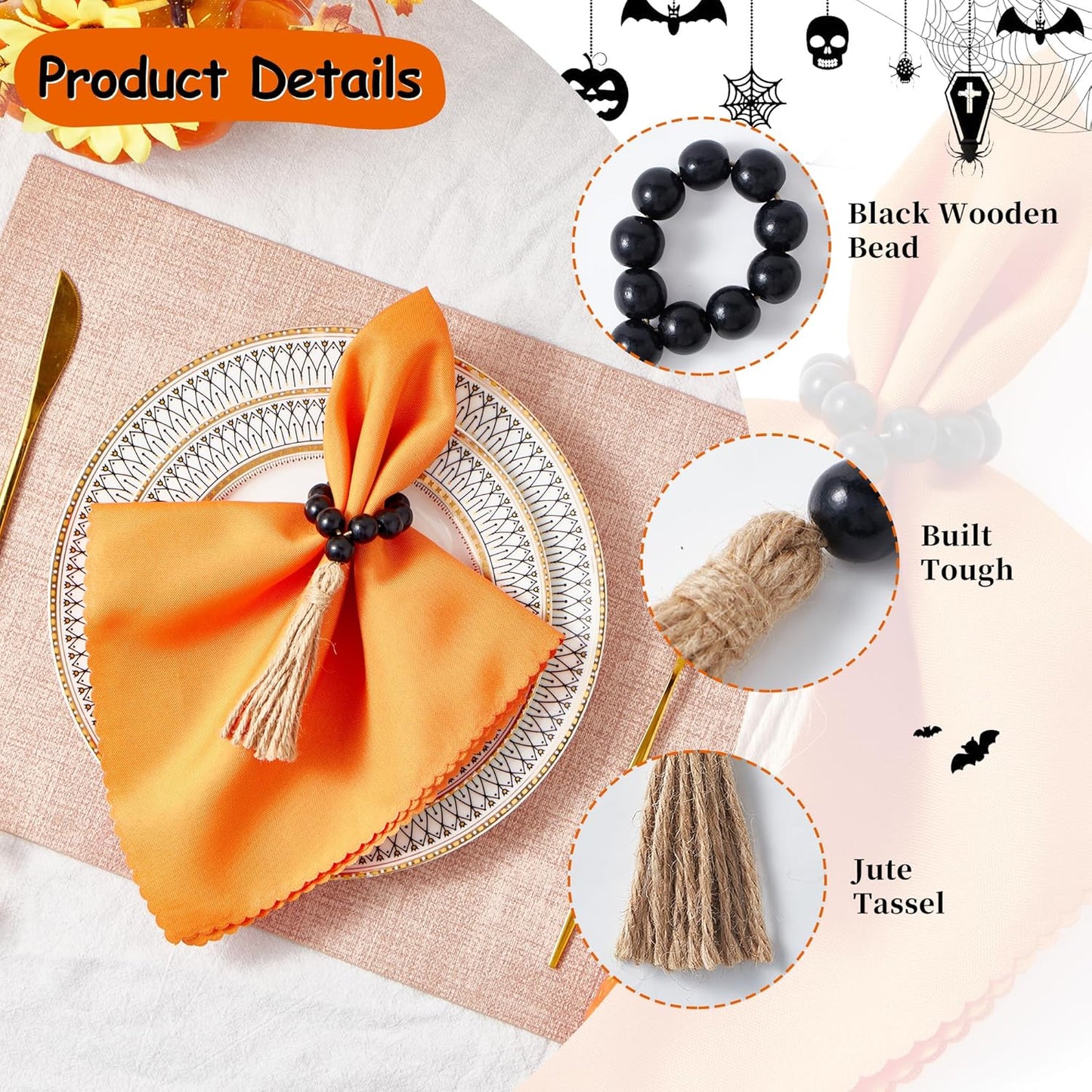 AWTWOW Napkin Rings Set of 6, Black Wooden Bead Napkin Rings for Table Decor, Hallowen Farmhouse Napkins Rings for Boho Table Decor, Fall Banquet, Wedding, Holiday Dinner Party
