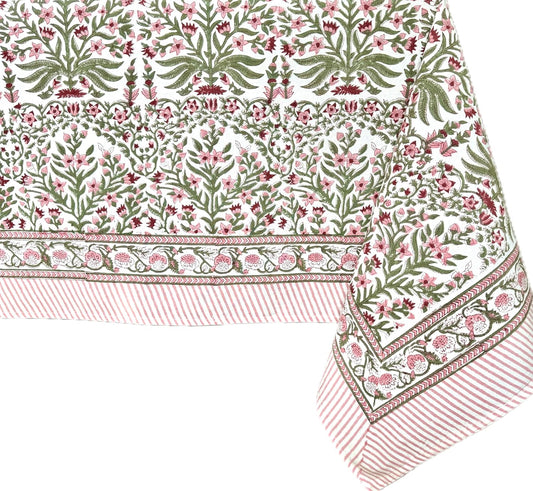 ATOSII Nargis Pink 100% Cotton Rectangle Boho Spring Summer Tablecloth, Handblock Floral Table Cloth Linen for Kitchen Dining I Parties Wedding Outdoors Easter I 72 X 120 Inches I 10 Seater