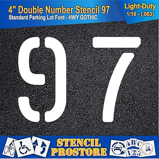 Pavement, Curb, and WheelStop Stencils - 4 inch Double Number Stencil - (97) - 4" x 5.5" x 1/16" (63 mil) - Light-Duty