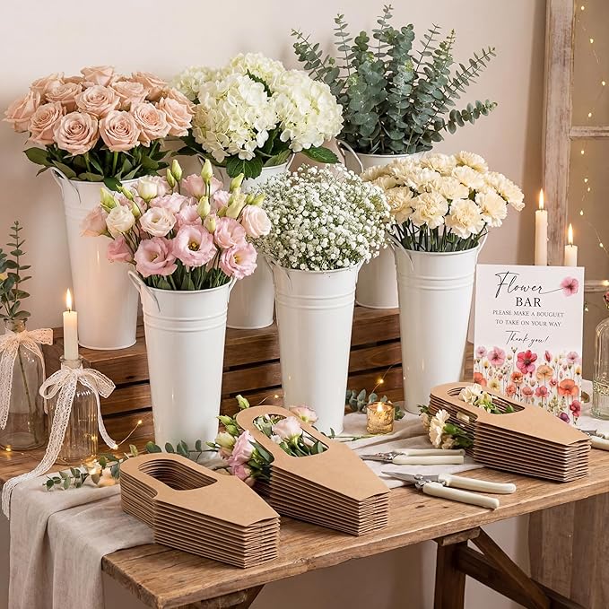 LEIFIDE 39 Pcs Flower Bar Buckets Set Kit Bloom Bar Supplies Include Wood Sign Gift Bags Iron Bucket Garden Flower Shears for Valentine Days Wedding Bridal Shower Table Centerpieces (Light Beige)