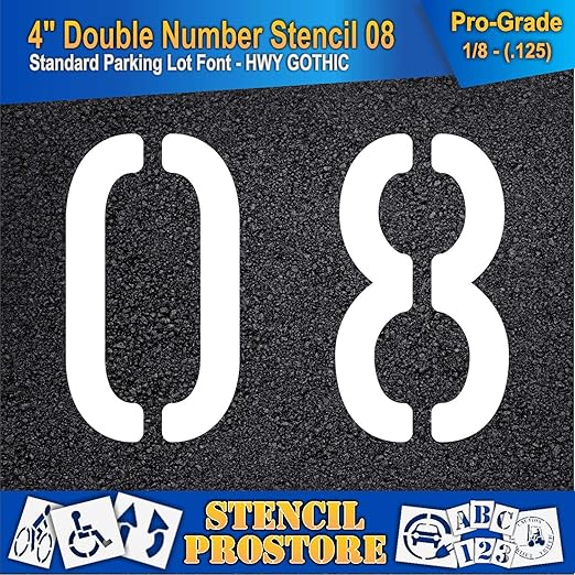 Pavement, Curb, and WheelStop Stencils - 4 inch Double Number Stencil - (08) - 4" x 5.5" x 1/8" (128 mil) - Pro-Grade
