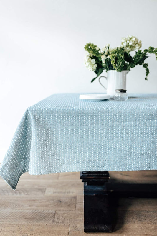 60x120 in Cotton Linen Tablecloth – Rectangular Dining Table Cover with Elegant Pattern for Kitchen, Weddings, Parties, Indoor or Outdoor Picnic and Everyday Decor – Blue Dot Pattern