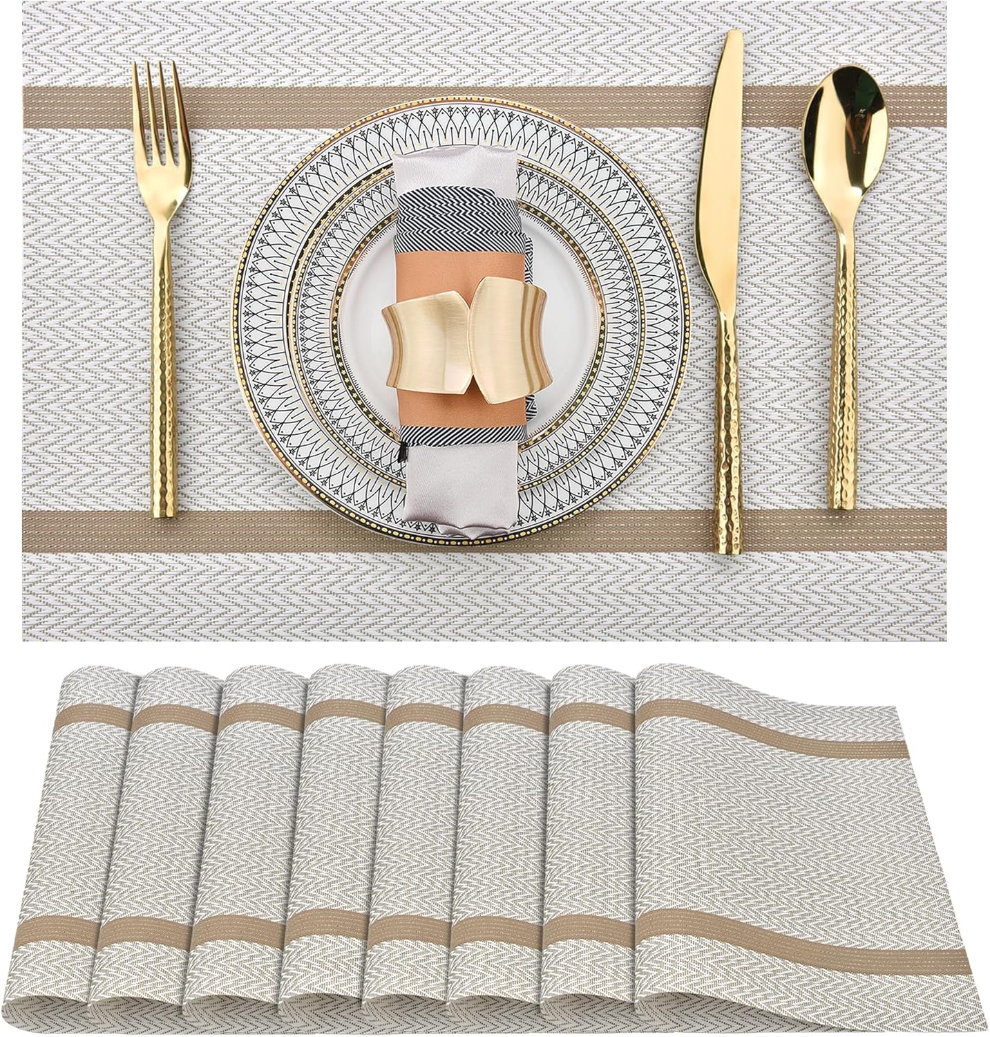 SLKQG Beige White Placemats Set of 8 - Easy Clean Modern Durable Washable Vinyl Place Mats - Heat Resistant Placemats for Kitchen Table - PVC Table Mats for Dining Table (Beige White with Stripes, 8)