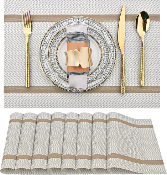 SLKQG Beige White Placemats Set of 8 - Easy Clean Modern Durable Washable Vinyl Place Mats - Heat Resistant Placemats for Kitchen Table - PVC Table Mats for Dining Table (Beige White with Stripes, 8)