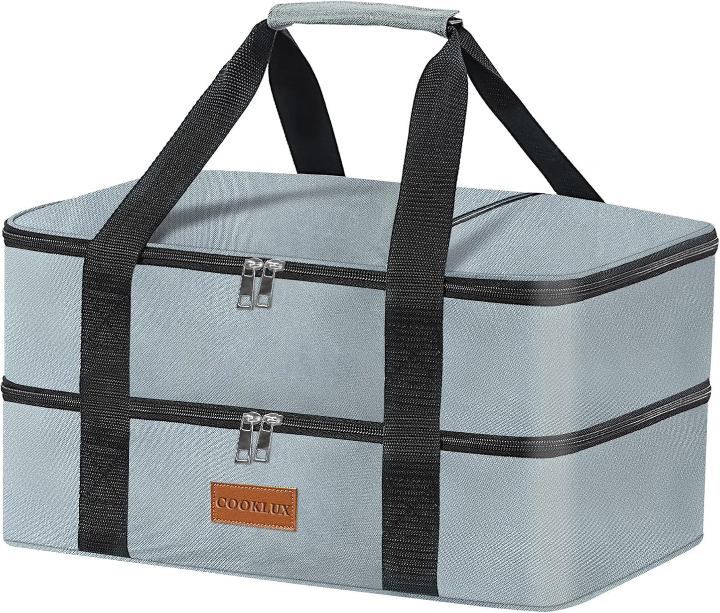 Double Decker Insulated Casserole Carrier for Hot or Cold Food, Food Warmer Bag for Potluck Parties/Picnic/Cookouts, Fits 9"x13" Baking Dish, Leak Proof Travel Food Containers, Durable Nylon, Grey