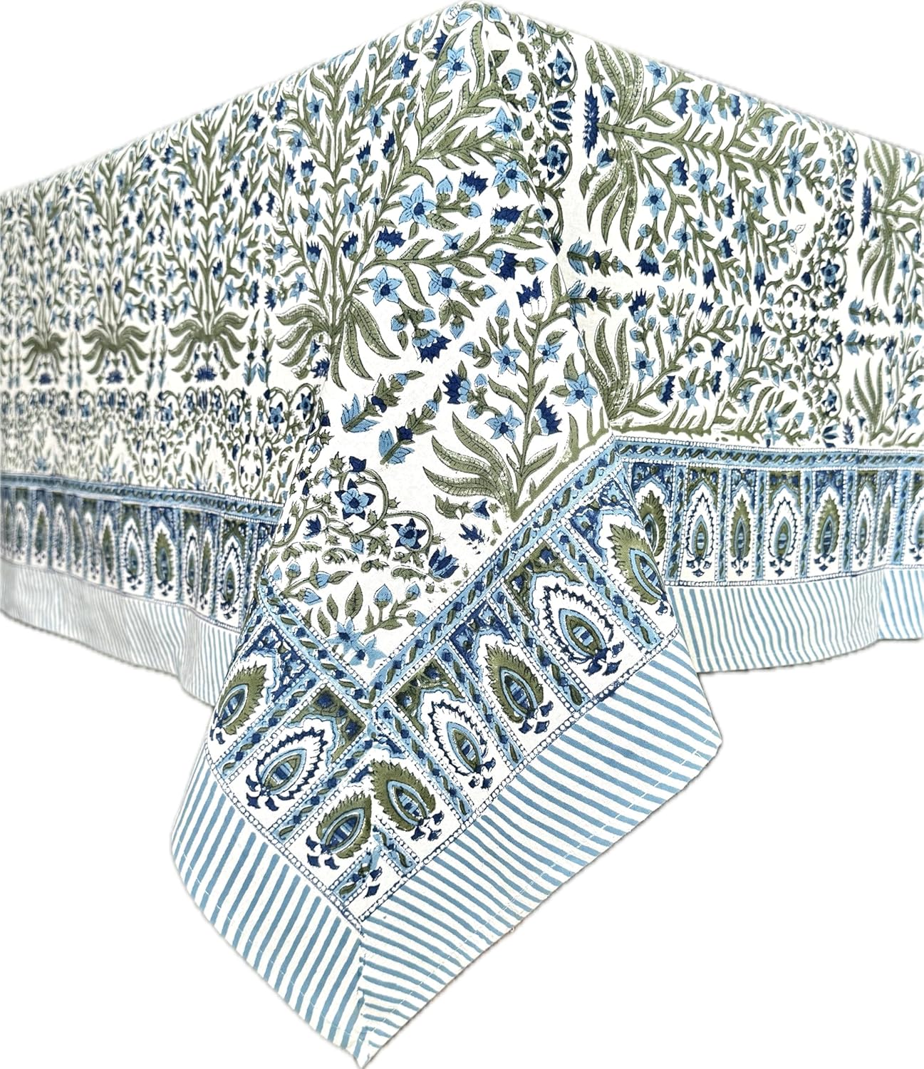 ATOSII Nargis Blue 100% Cotton Rectangle Summer Tablecloth, Indian Block Print Floral Table Cloth I Dining Parties Weddings Outdoors Holidays 60 X 90 Inches 6 Seater I Grandmillennial Farmhouse Boho