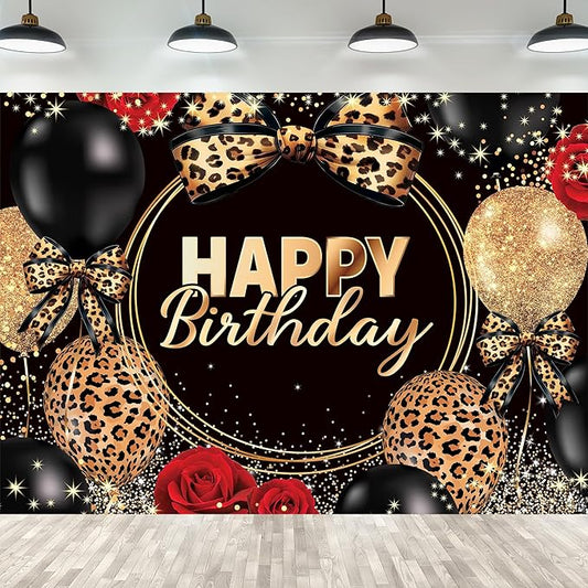 Homewelle Leopard Print Bow Happy Birthday Backdrop 7Wx5H Feet Polyester Fabric Black Gold Red Rose Cheetah Print Bownot Decoration Cool Balloon for Women Girl Photography Background Photo Shoot Props