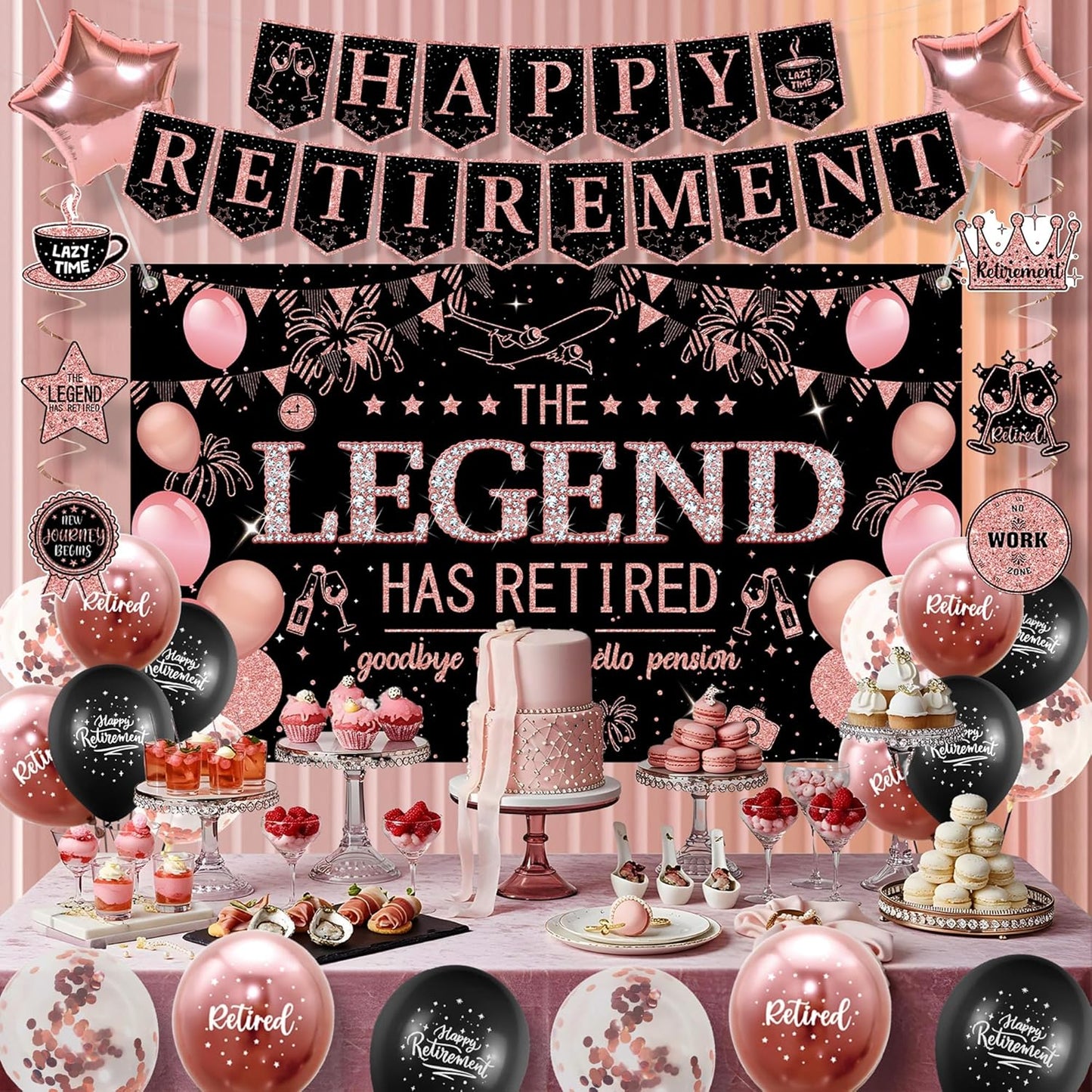 Roetyce Retirement Party Decorations Women, Black and Pink Happy Retirement Banner Backdrop Balloon Hanging Swirls for Coworker, Rose Gold Lengend Has Retired Sash & Crown, Office Retired Background